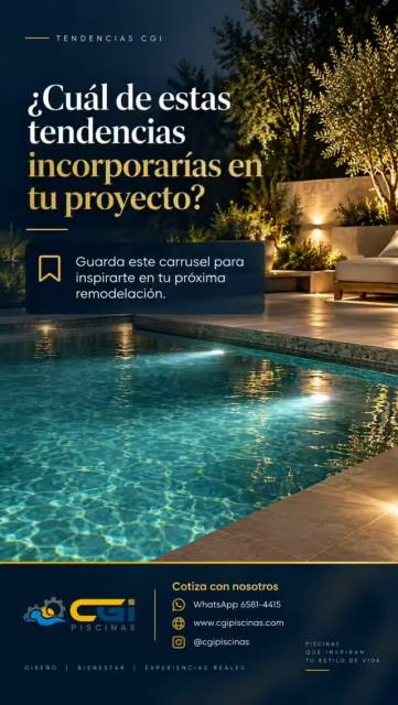 El diseño de una piscina ya no termina en el agua.Hoy, cada detalle forma parte de una experiencia completa: tonos más naturales, paisajismo integrado, iluminación arquitectónica, materiales de gran formato y espacios creados para disfrutar.En CGI Piscinas diseñamos y transformamos espacios exteriores donde arquitectura, agua y entorno trabajan como una sola composición.¿Cuál de estas tendencias incorporarías en tu próxima piscina?Guarda este carrusel como inspiración para tu próximo proyecto.CGI Piscinas
Diseño · Bienestar · Experiencias reales
WhatsApp 6581-4415
www.cgipiscinas.com⁠
